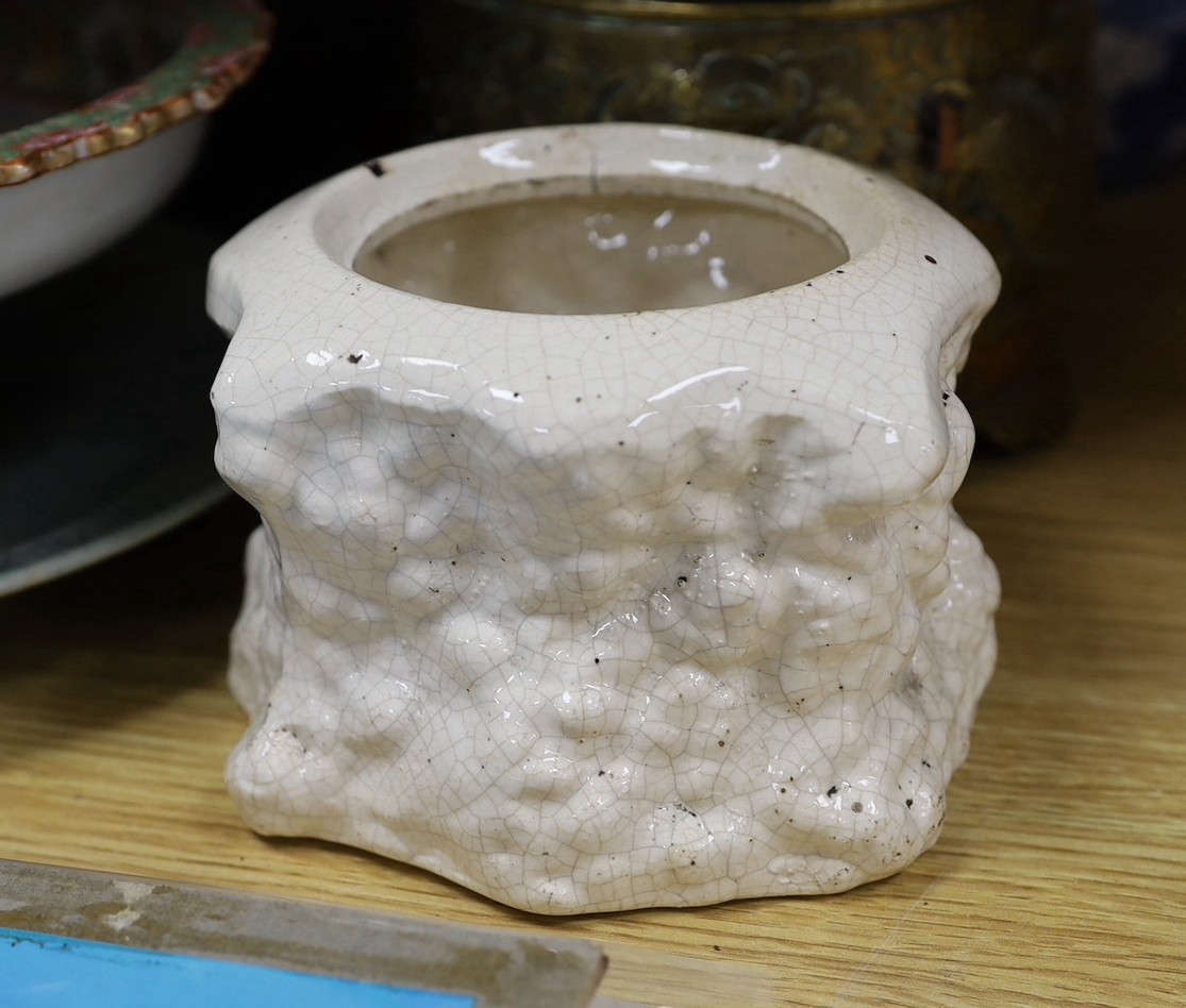 A Chinese blue and white planter, 10cm tall, together with a crackle glaze planter, a Chinese copper and brass jardiniere, a faux bronze type vase, a Chinese famille rose pedestal dish, 23cm, a Thai celadon dish, and a b